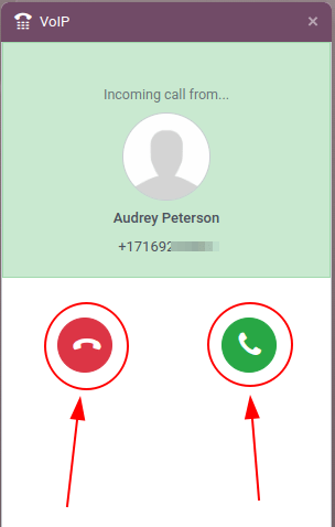 Bejövő hívás az Odoo VoIP widgetben.