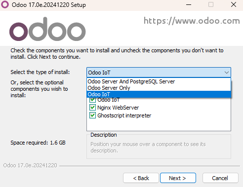 Az "Odoo IoT" kiválasztása az Odoo Community telepítése során.