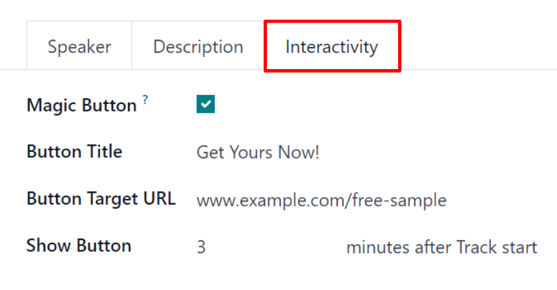 Az Odoo Események alkalmazás esemény nyomvonal űrlapjának Interaktivitás füle.