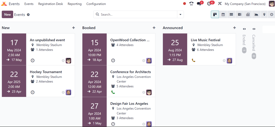 Áttekintés az események beállításáról a kanban nézettel az Odoo Events-ben.