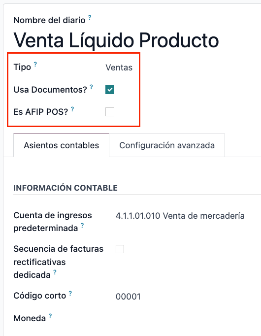 l10n_ar Értékesítési napló konfigurálása.