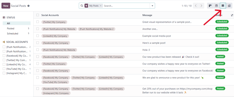 A lista opció nézete a bejegyzések oldalán az Odoo Social Marketingben.