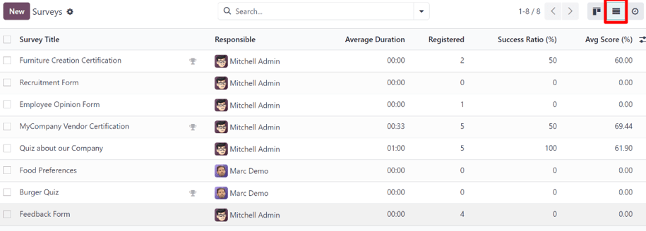 A lista nézet opció az Odoo Surveys alkalmazás irányítópultján.