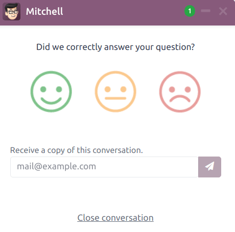 Az Odoo Live Chat felhasználói oldalának nézete a chat ablakról.