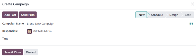 Az e-mail levelezési kampány felugró ablakának nézete az Odoo Email Marketing alkalmazásban.