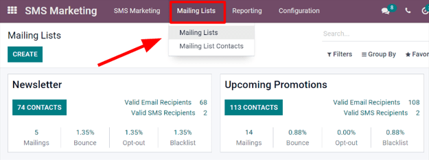 Az Odoo SMS Marketing alkalmazás fő SMS levelezési lista oldalának nézete.