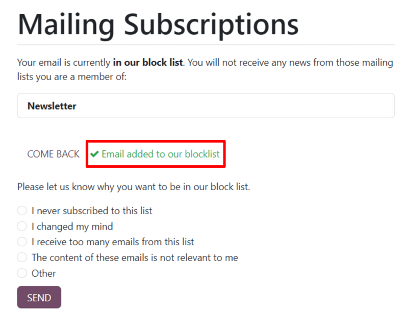 A blokkolási lista kérdése az E-mail Feliratkozások oldalon, amelyet a címzettek látnak.