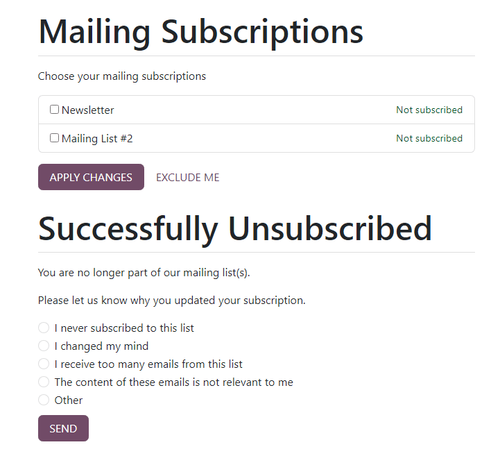 Az E-mail Feliratkozások oldal, amely akkor jelenik meg, amikor a 'Leiratkozás' linkre kattintanak az e-mailben.