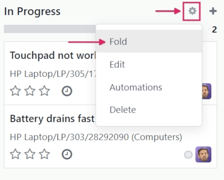 Oszlop opciók a szakaszhoz a Kanban nézetben.