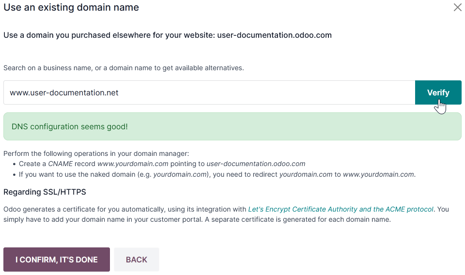 Egy domain név hozzárendelése egy Odoo Online adatbázishoz