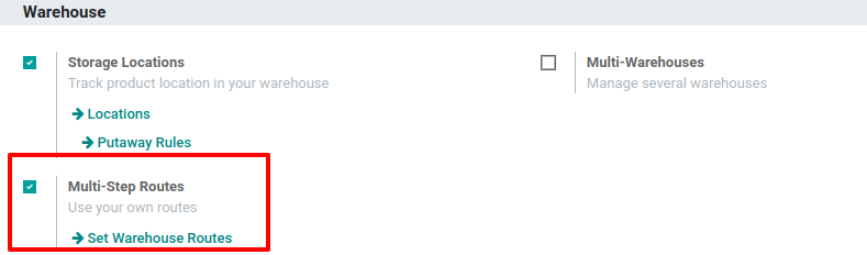 Aktiválja a Többlépéses útvonalak funkciót az Odoo Készletkezelőben.