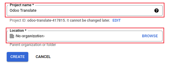 A Google OAuth projektnevének és helyszínének beállítása.