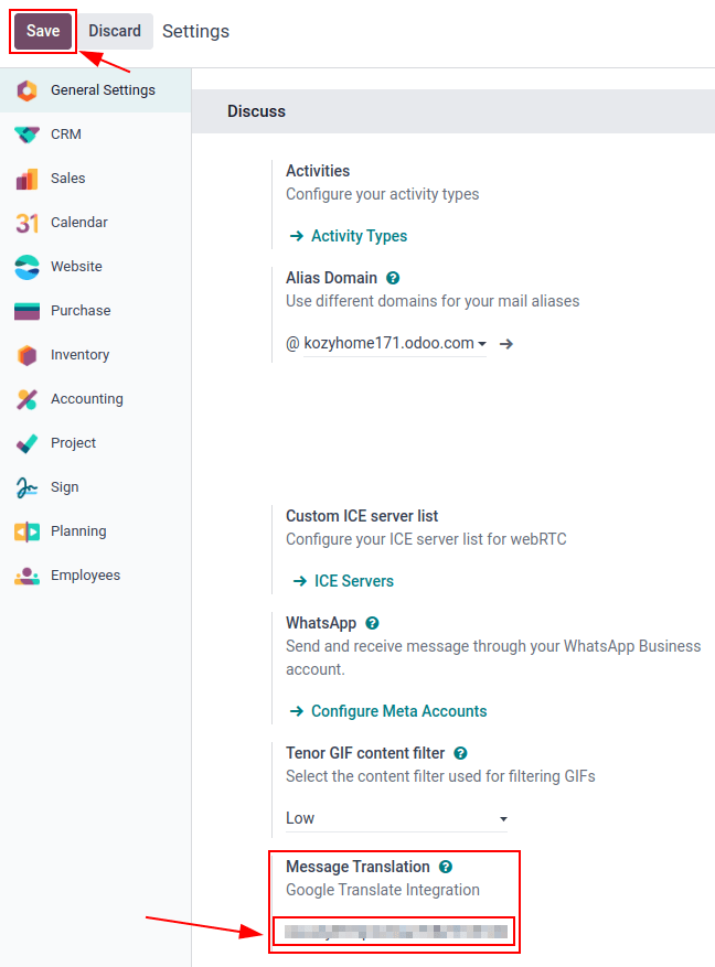 Az API-kulcs Odoo-konfigurációja a *Google API konzolból*.