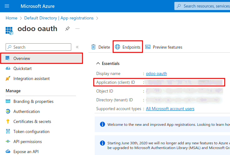 Az alkalmazásazonosító és az OAuth 2.0 engedélyezési végpont (v2) hitelesítő adatai.