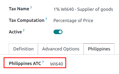 Az adókon beállított Philippines ATC kódmező.