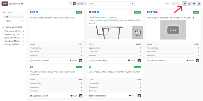 A bejegyzések oldalának Kanban nézete az Odoo Social Marketing alkalmazásban.