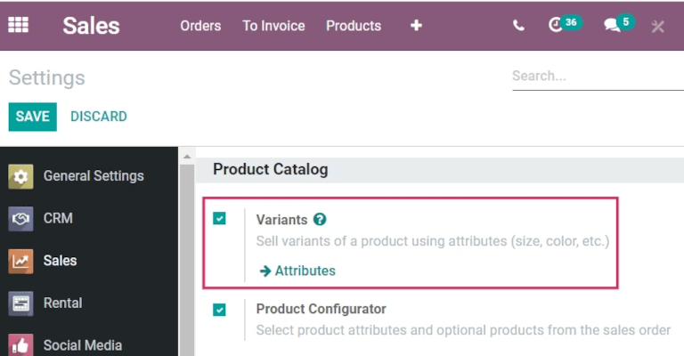 A "Változatok" kiválasztása a Készlet alkalmazás beállításaiból.