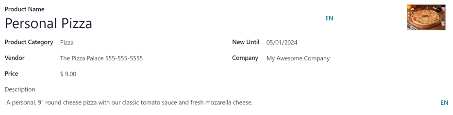 Egy kilenc hüvelykes pizzához kitöltött termékűrlap.