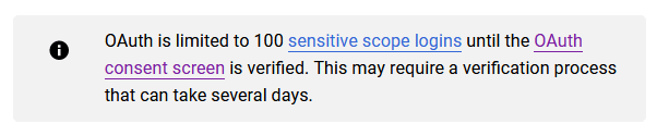 Az OAuth legfeljebb 100 érzékeny hatókörű bejelentkezésre korlátozódik.