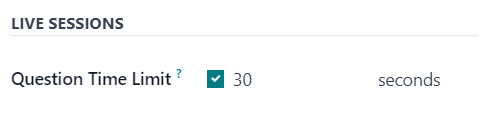 Az Odoo Surveys alkalmazás Élő Ülés kérdés időkorlát opciója a kérdésekhez.