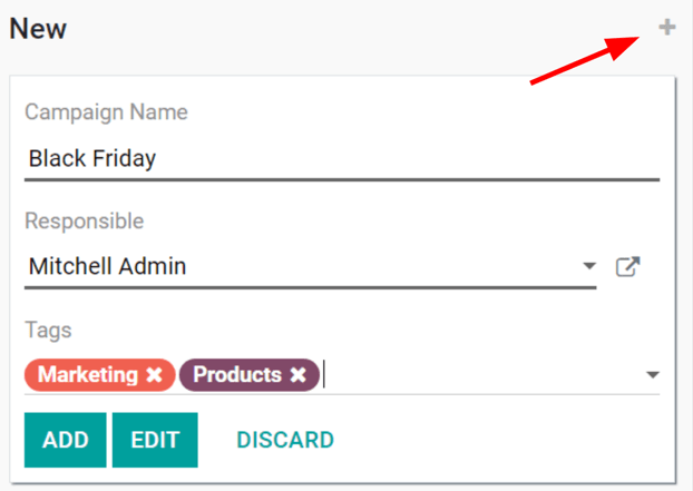 A gyors hozzáadási opció nézete kampányokhoz az Odoo Közösségi Marketingben.