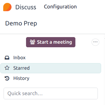 A Discuss oldalsávjának nézete, kiemelve a gyorskereső sávot az Odoo Discuss-ban.
