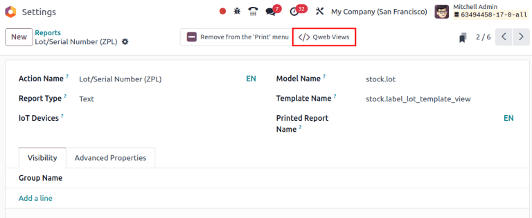 Qweb intelligens gomb megjelenítése a Lot és sorozatszám (ZPL) jelentésen.