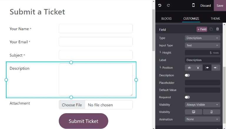 Az Odoo Helpdesk számára jegy beküldésére szolgáló, nem publikált weboldal űrlap nézete.