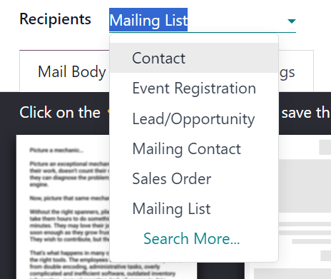 A címzettek legördülő menüjének nézete az Odoo Email Marketing alkalmazásban.