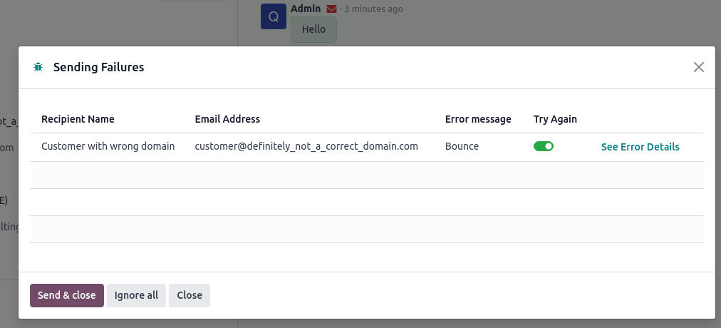 Helytelen domainre küldött e-mail bounce-ot generál, amely piros borítékként jelenik meg.