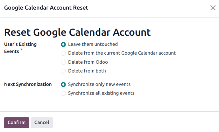 Google naptár visszaállítási lehetőségek az Odoo-ban.