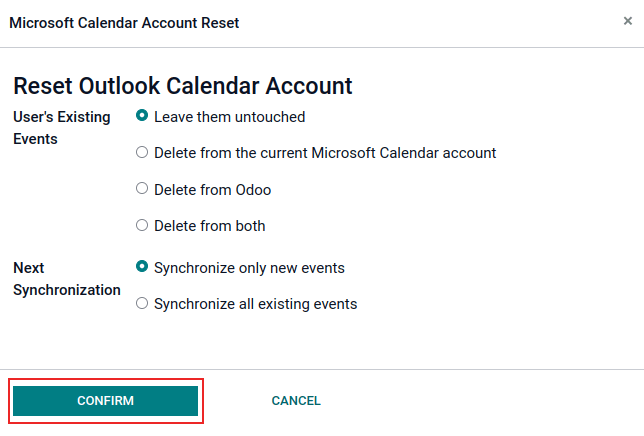 Outlook naptár visszaállítási lehetőségek az Odoo-ban.