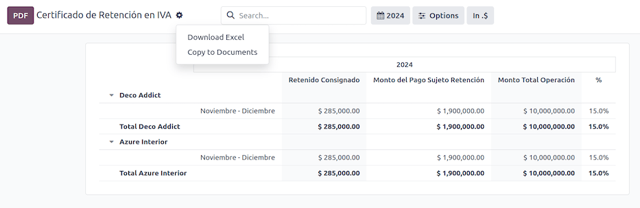Certificado de Retención en IVA jelentés az Odoo Könyvelésben.
