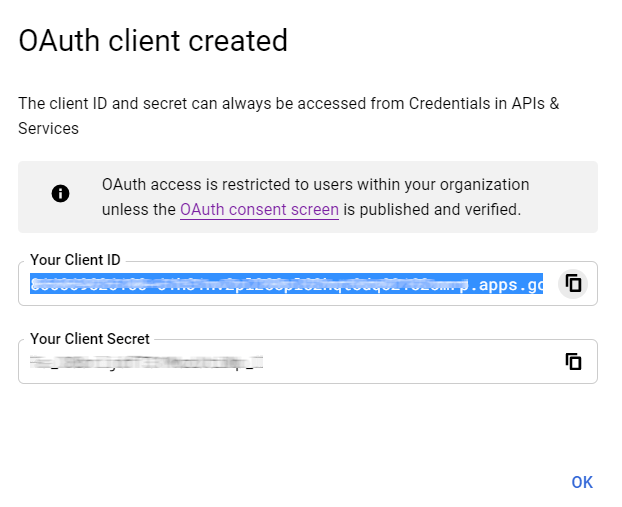 Létrehozott Google OAuth-ügyfél azonosító.