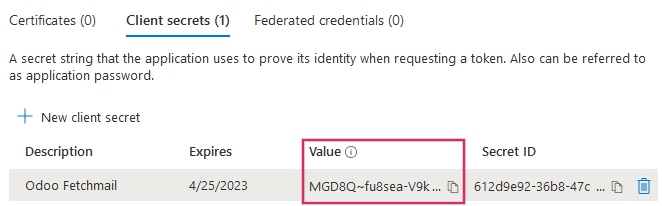 Client Secret Value vagy Value az alkalmazás hitelesítő adatainál.