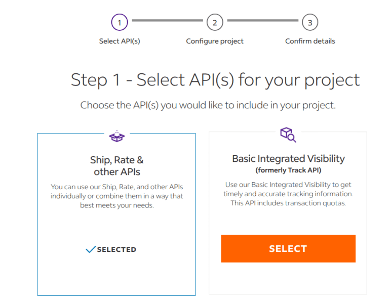 A FedEx webhelyének oldala, ahol a felhasználók kiválasztják a projekthez szükséges API-kat.