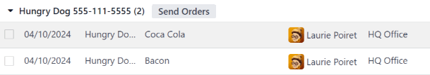 Egy szállító rendelése az X Mégse és a Send Orders gombok kiemelésével.