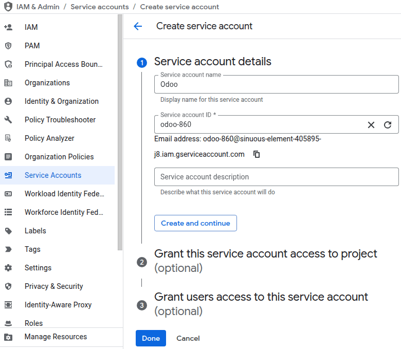 Google Cloud szolgáltatásfiók létrehozása