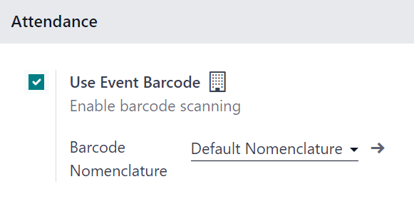 A Részvétel szekció az Odoo Events Beállítások oldalán az Odoo Events alkalmazásban.