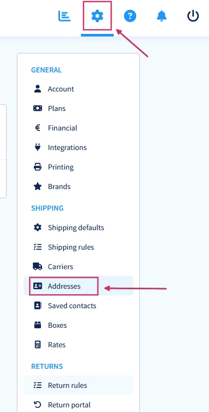 Címek hozzáadása a Sendcloud beállításaiban.