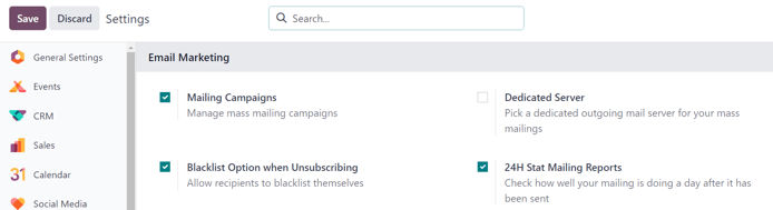 A Beállítások oldal nézete az Odoo Email Marketing alkalmazásban.