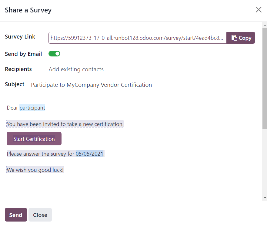 Az 'Share a Survey' felugró ablak az Odoo Surveys-ben, amikor a Send by Email be van kapcsolva.