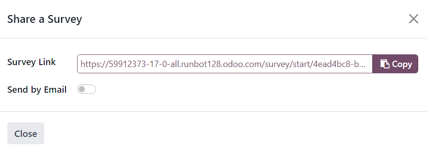 A 'Kérdőív megosztása' felugró ablak, amely megjelenik az Odoo Surveys alkalmazásban.