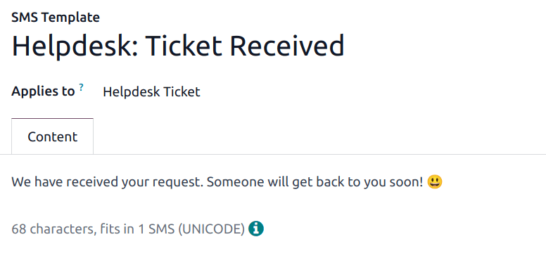 Egy SMS-sablon beállítási oldalának nézete az Odoo Helpdesk-ben.