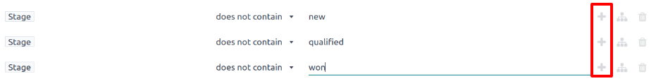 Három szűrőszabály, amely megköveteli, hogy a Stage ne tartalmazza a New, Qualified vagy Won értékeket.