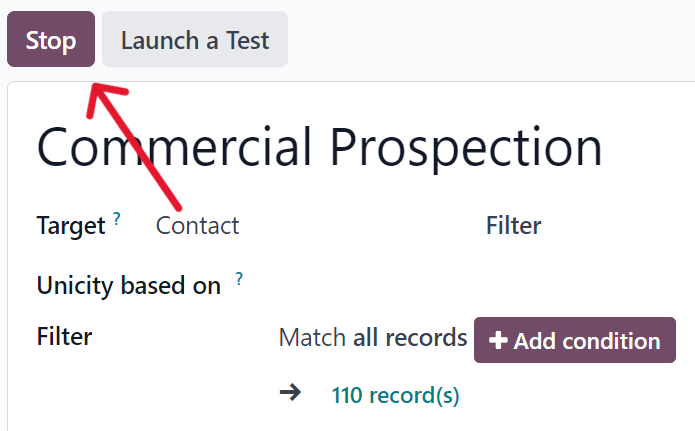 A leállítás gomb egy tipikus kampány részletező űrlapon az Odoo Marketing Automation alkalmazásban.