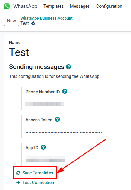 Meta WhatsApp sablonok szinkronizálása az Odoo adatbázissal, a 'Sablonok szinkronizálása' kiemelve.