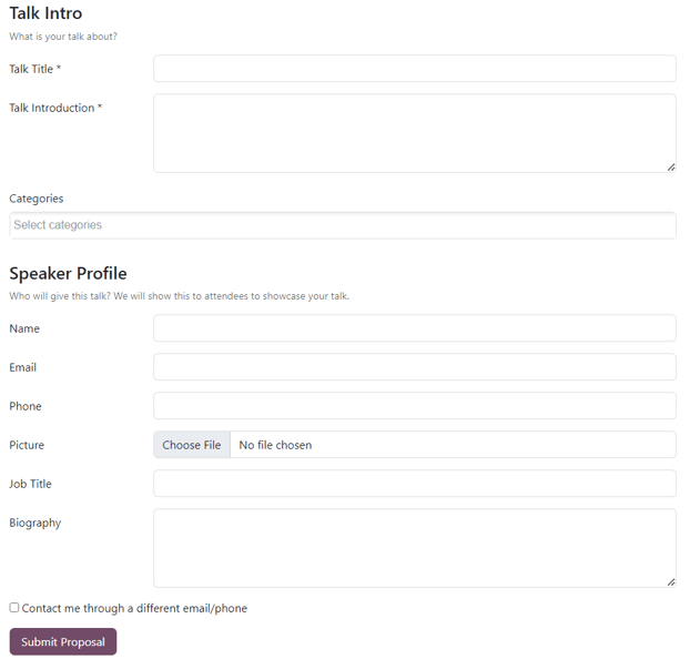 Az esemény weboldalán található Előadásjavaslatok oldal az Odoo Events alkalmazással készült.
