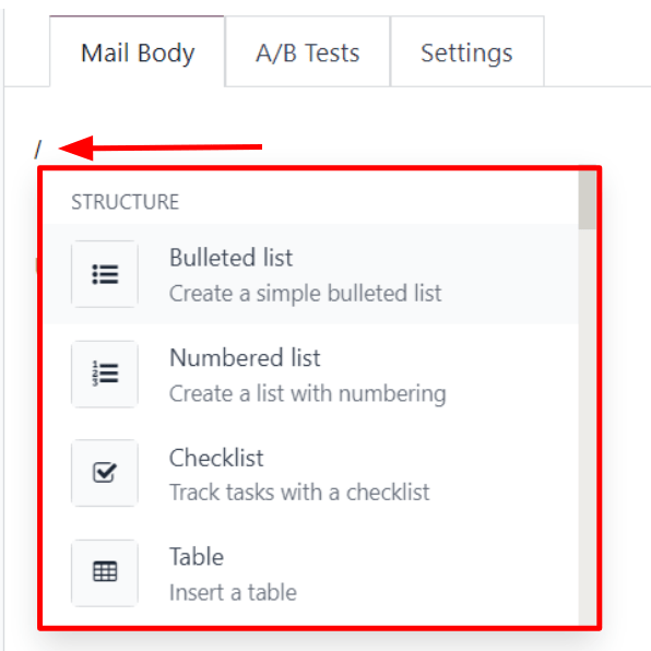 A gazdag szövegszerkesztő legördülő menüjének nézete az Odoo Email Marketing alkalmazásban.
