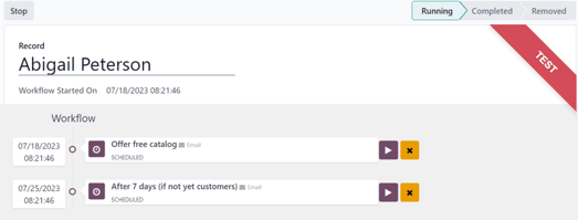 Teszt képernyő az Odoo Marketing Automation-ben.